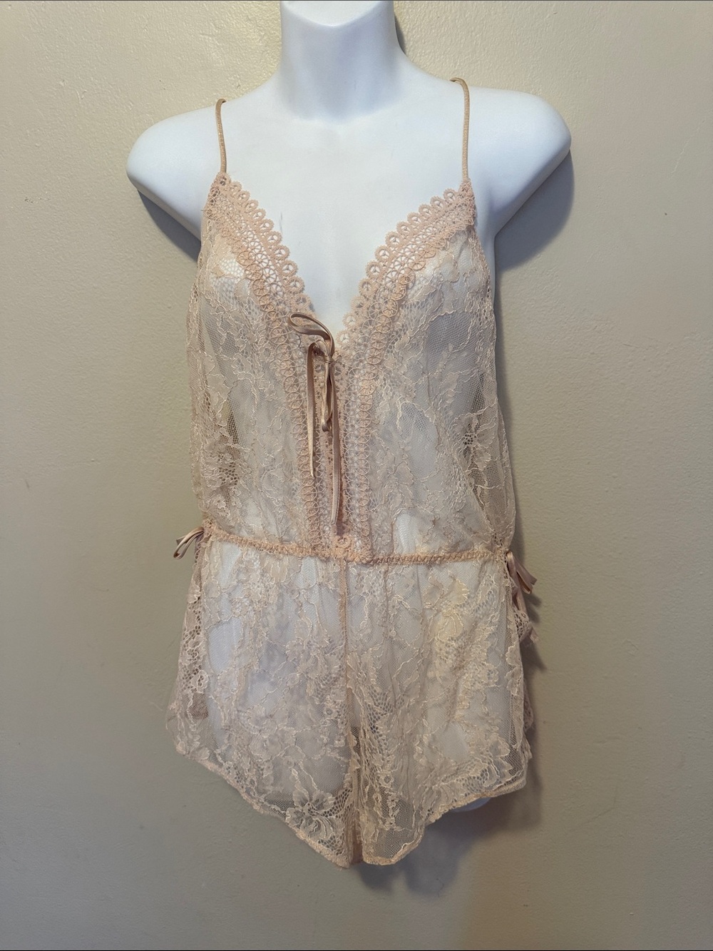Victoria's Secret Pale Blush Lace Chemise Romper with Tie Details